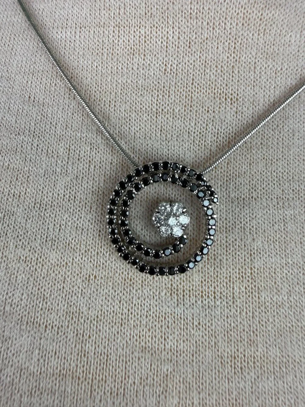 Vintage Kiam Family Rhinestone Spiral Necklace Silver Tone Black Swirl Pendant L